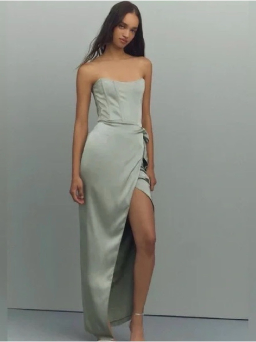 V. Chapman Strapless Sage Satin Wrap Maxi Dress